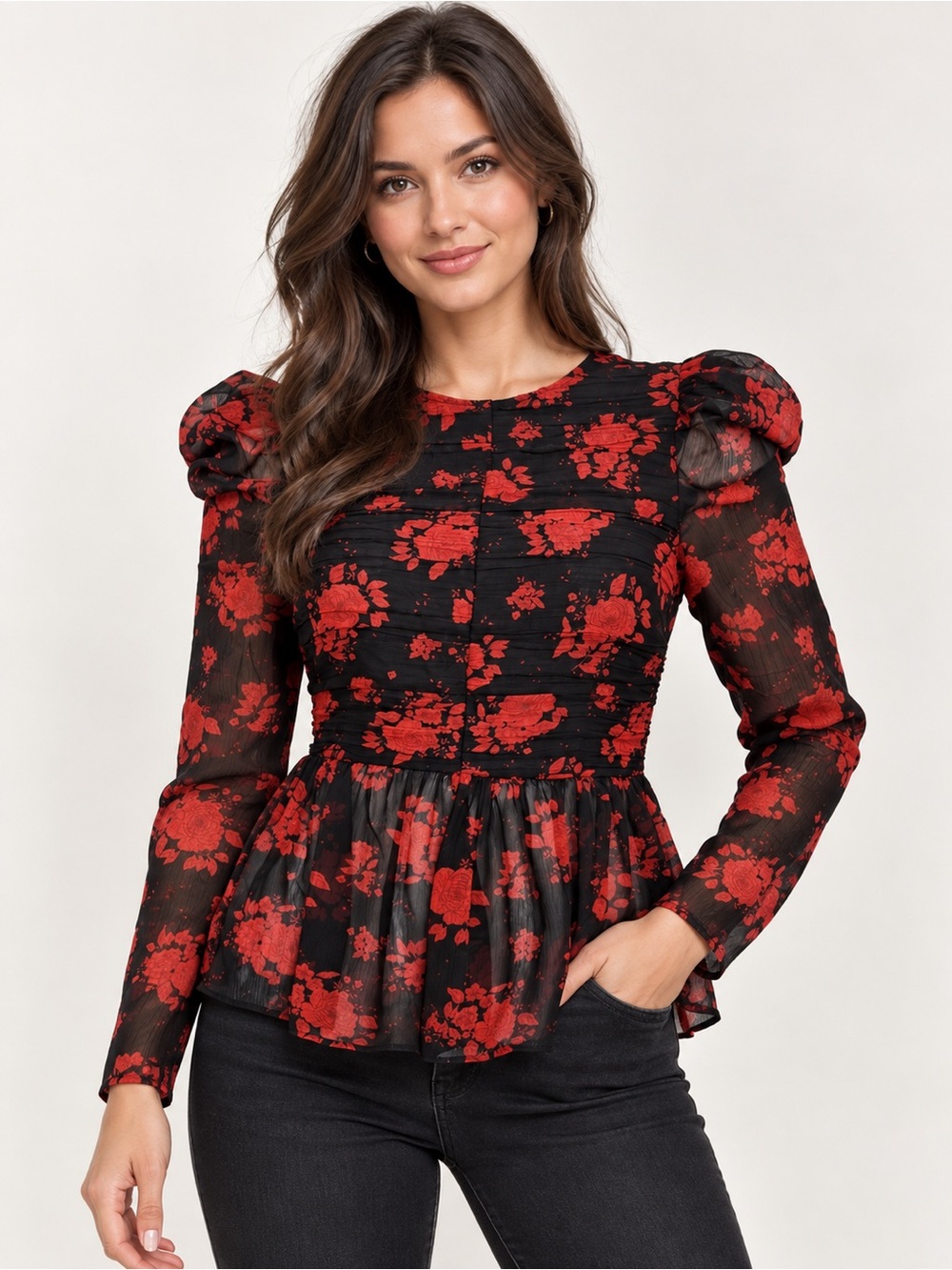 ZARA Black Red Floral Sheer Puff Sleeve Peplum Blouse Romantic Goth XS